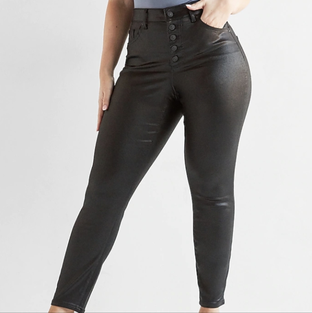 High Waisted Black Coated Button Fly Supersoft Curvy Skinny Jeans